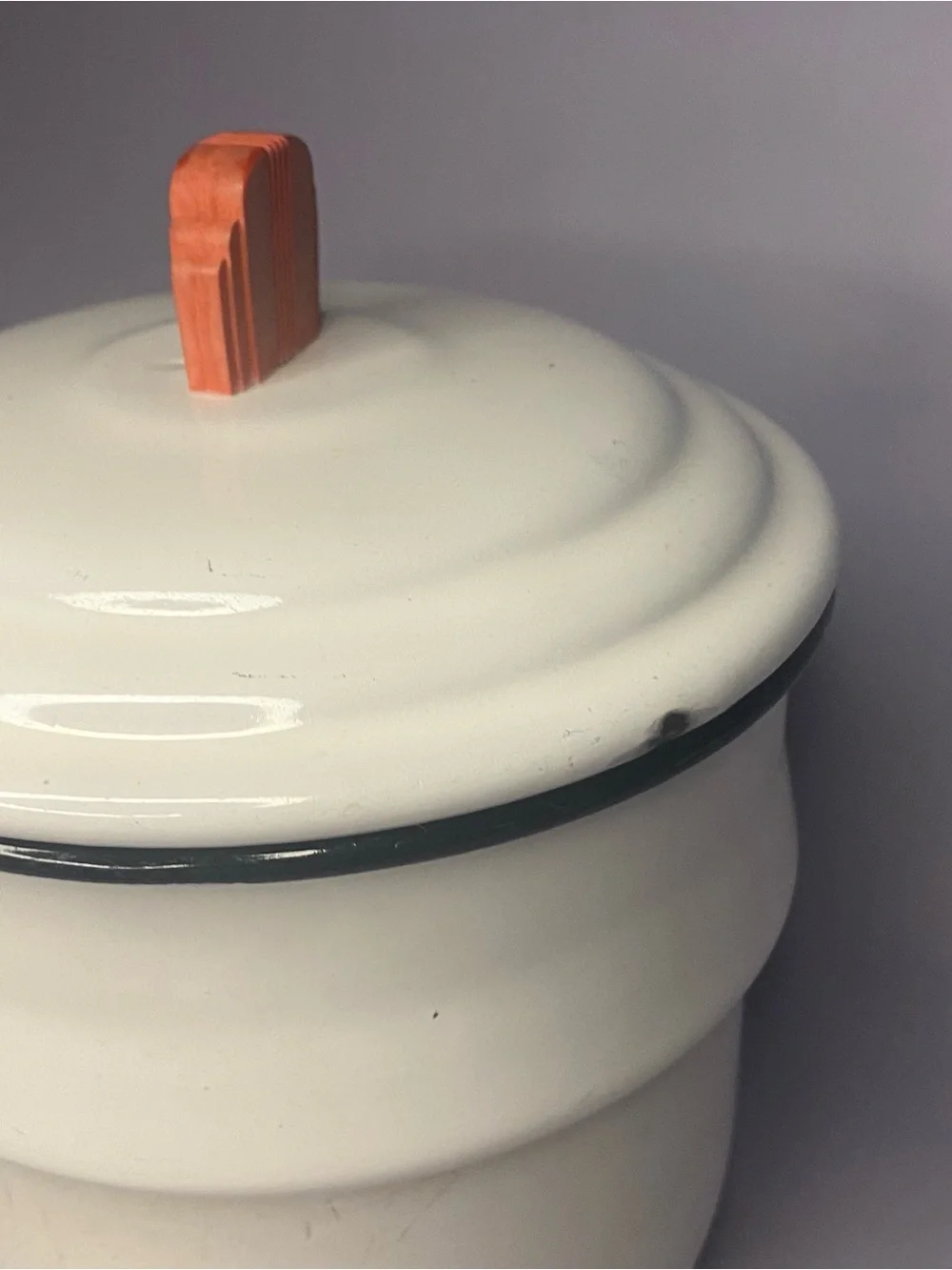 Vintage White Enamel Saucepan with Black Handle and Orange Knob